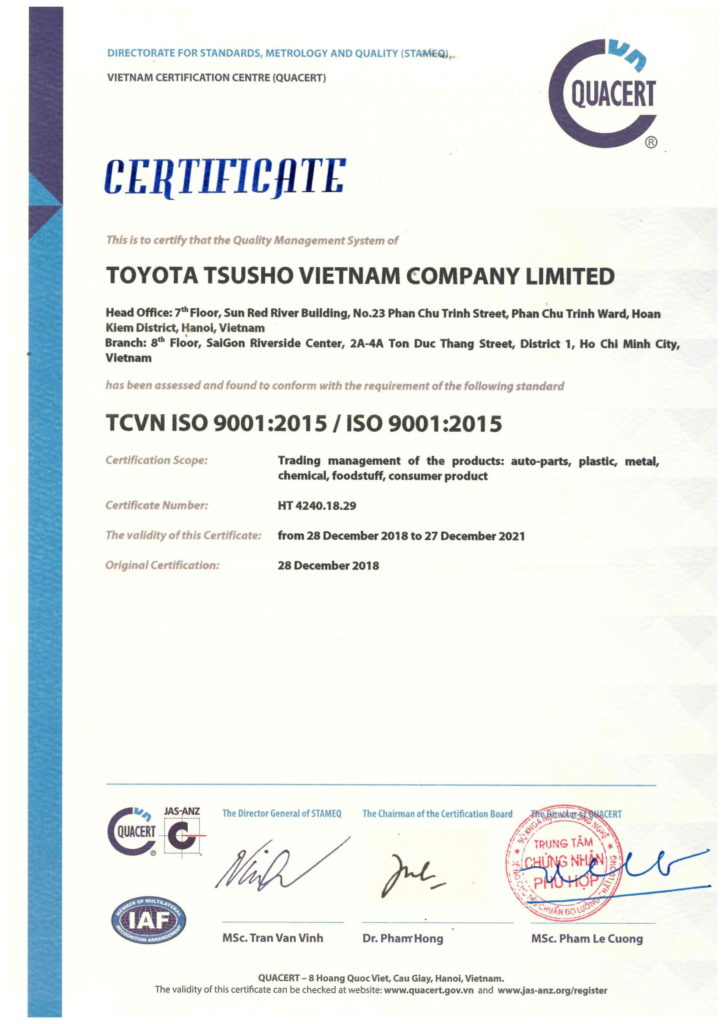 Certificate – Toyota Tsusho Vietnam